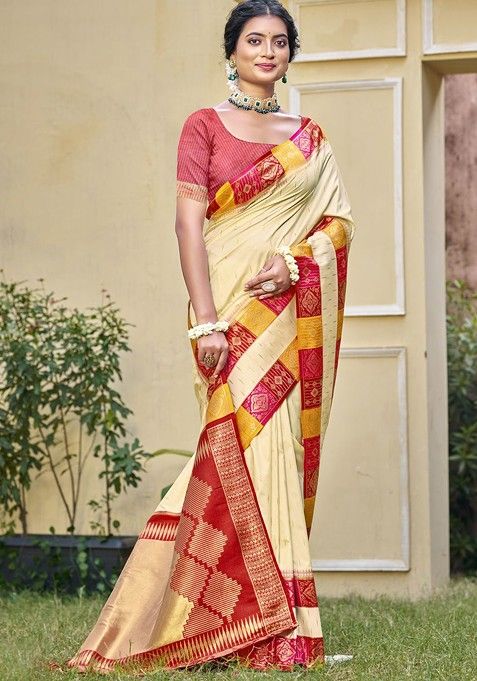 Cream Printed Woven Poly Blend Saree Set