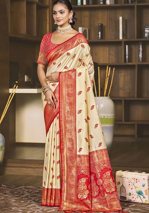 Cream Ethnic Motifs Woven Poly Blend Saree Set