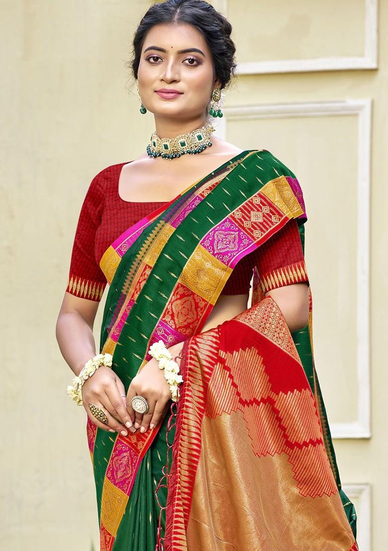 Green Printed Woven Poly Blend Saree Set