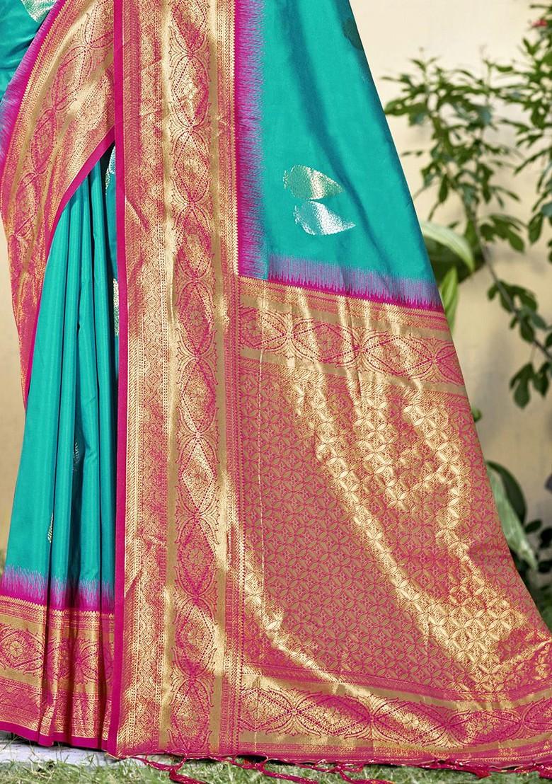Turquoise Blue Ethnic Motifs Woven Poly Blend Saree Set