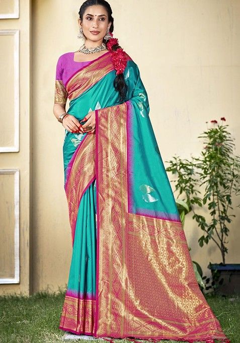 Turquoise Blue Ethnic Motifs Woven Poly Blend Saree Set