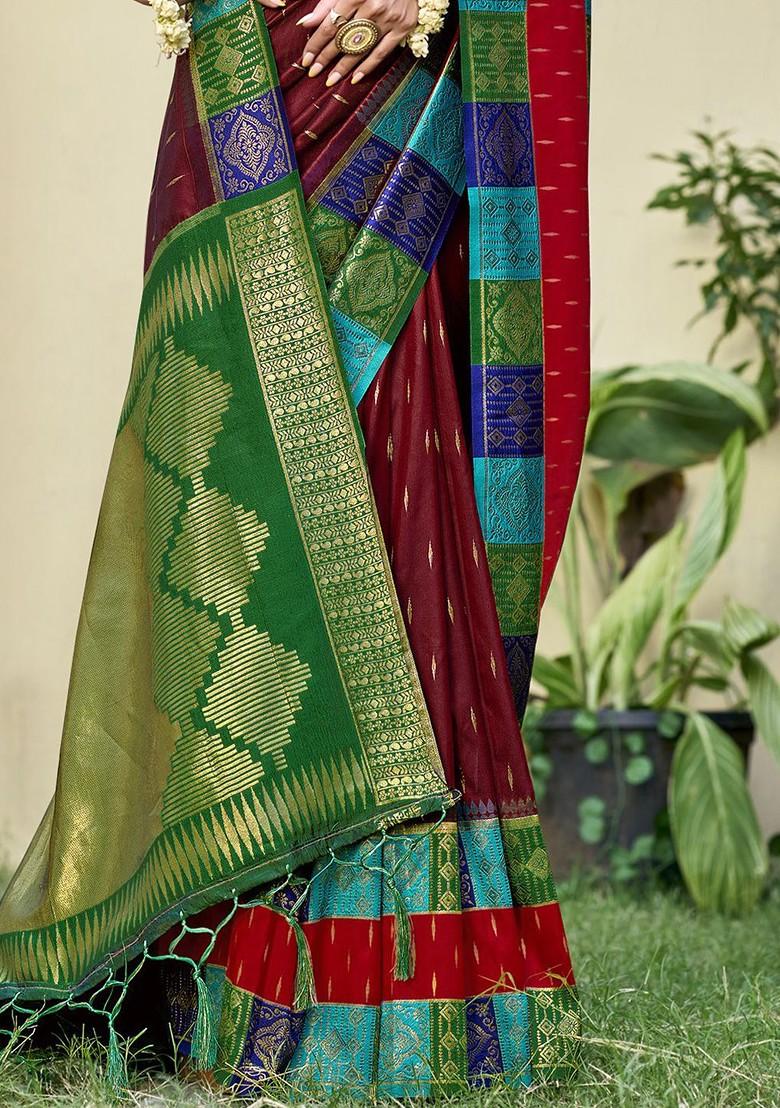 Maroon Printed Woven Poly Blend Saree Set