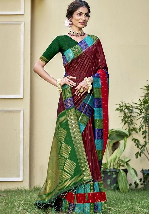 Maroon Printed Woven Poly Blend Saree Set