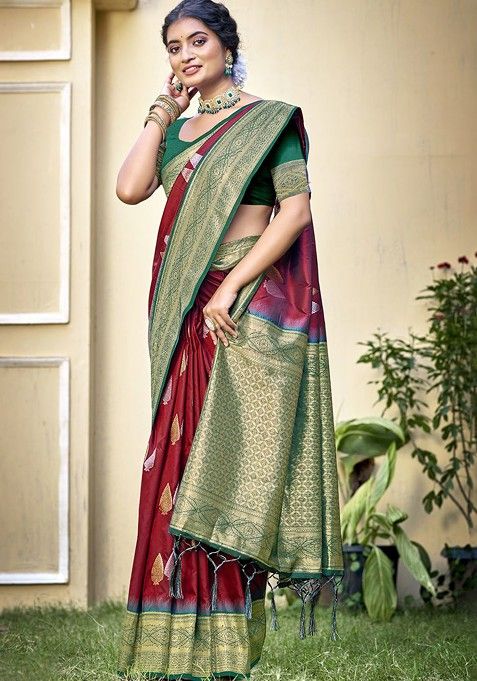 Maroon Ethnic Motifs Woven Poly Blend Saree Set