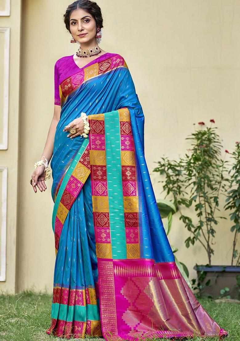 Turquoise Blue Printed Woven Poly Blend Saree Set