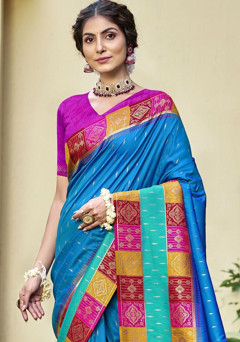Turquoise Blue Printed Woven Poly Blend Saree Set