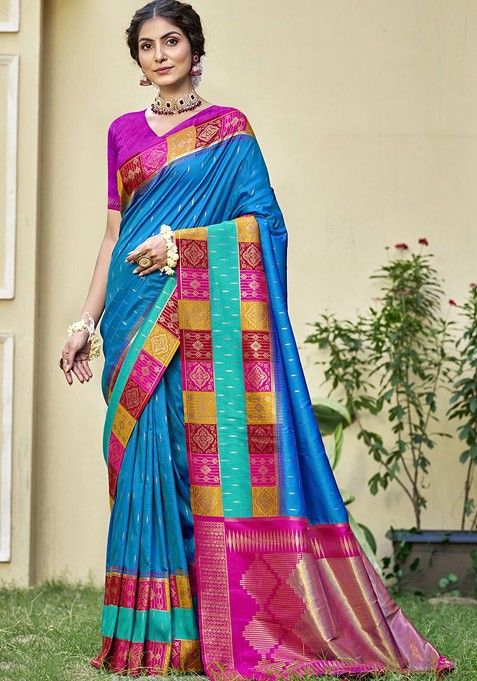 Turquoise Blue Printed Woven Poly Blend Saree Set