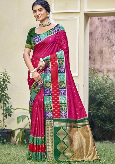 Violet Printed Woven Poly Blend Saree Set