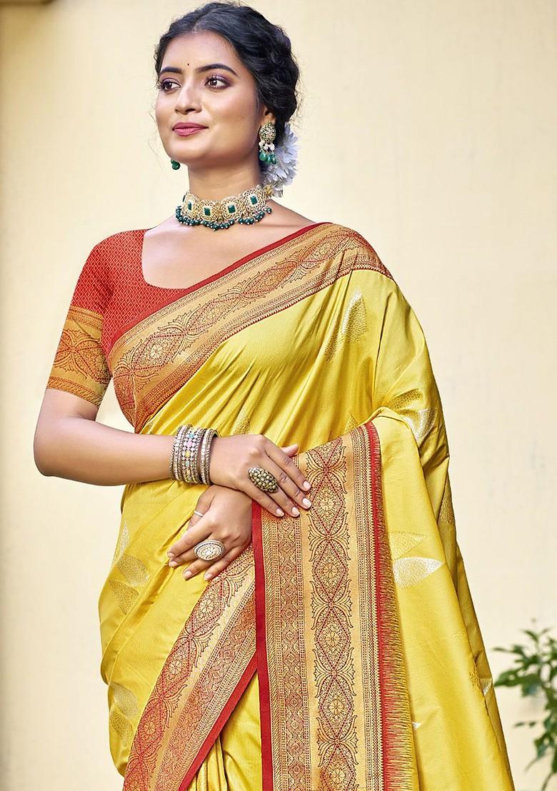 Yellow Printed Woven Poly Blend Saree Set