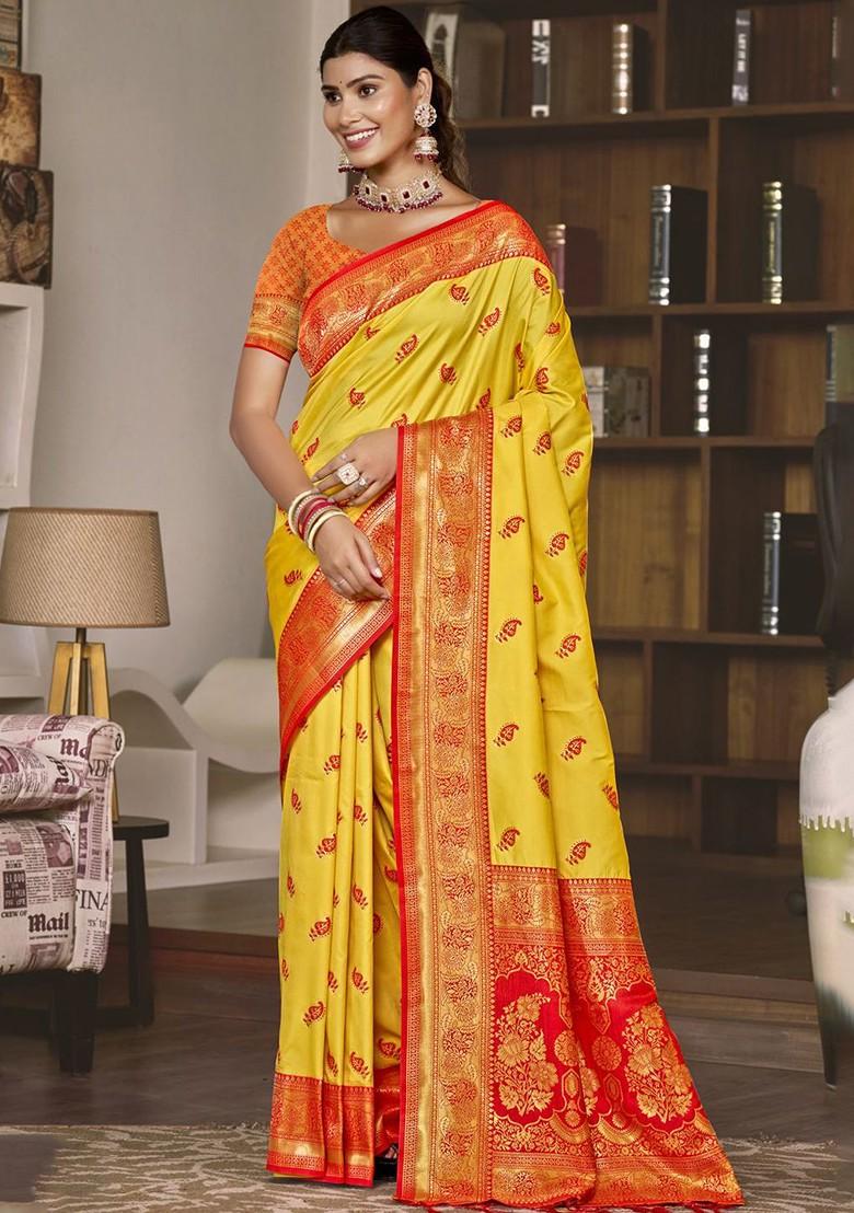 Yellow Printed Woven Poly Blend Saree Set