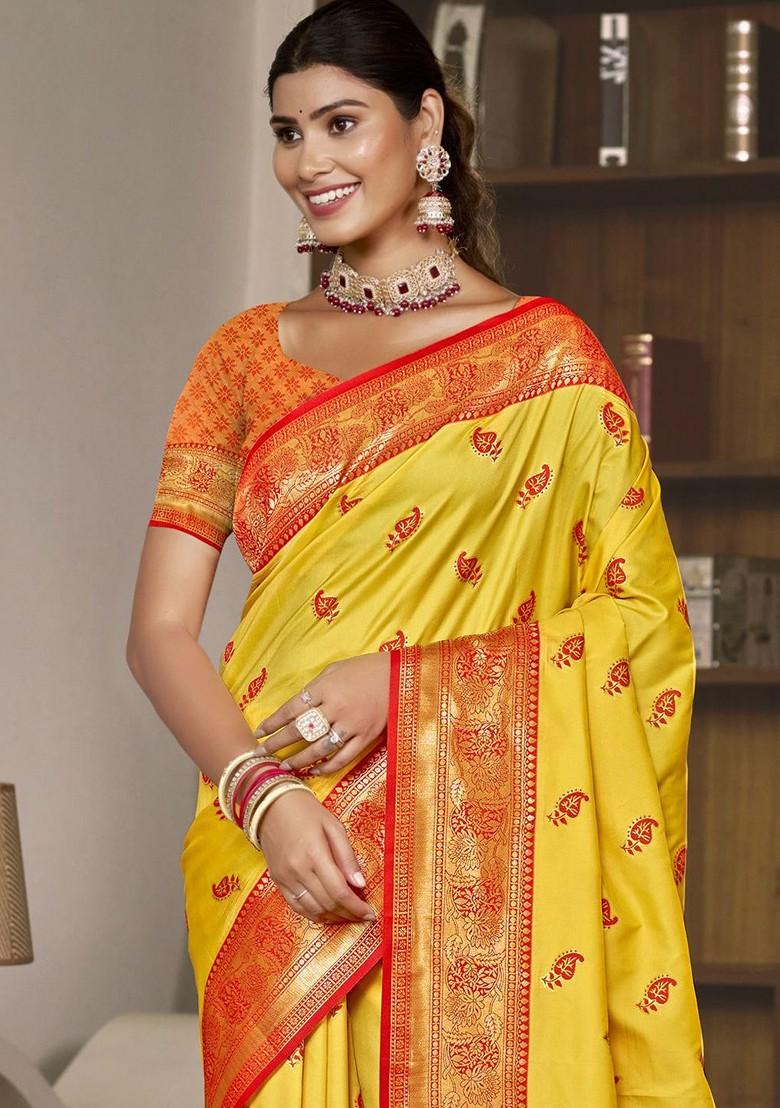 Yellow Printed Woven Poly Blend Saree Set