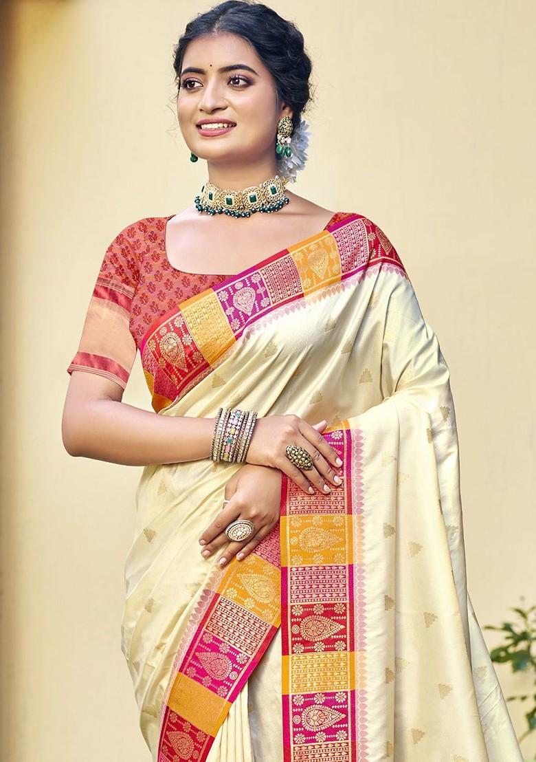 Cream Printed Woven Poly Blend Saree Set