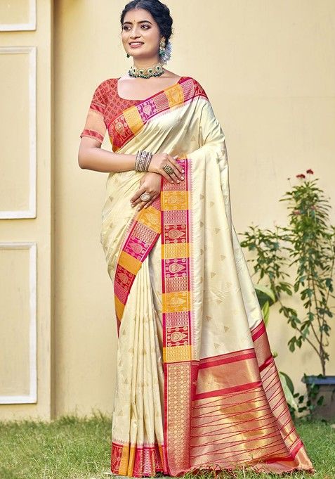 Cream Printed Woven Poly Blend Saree Set