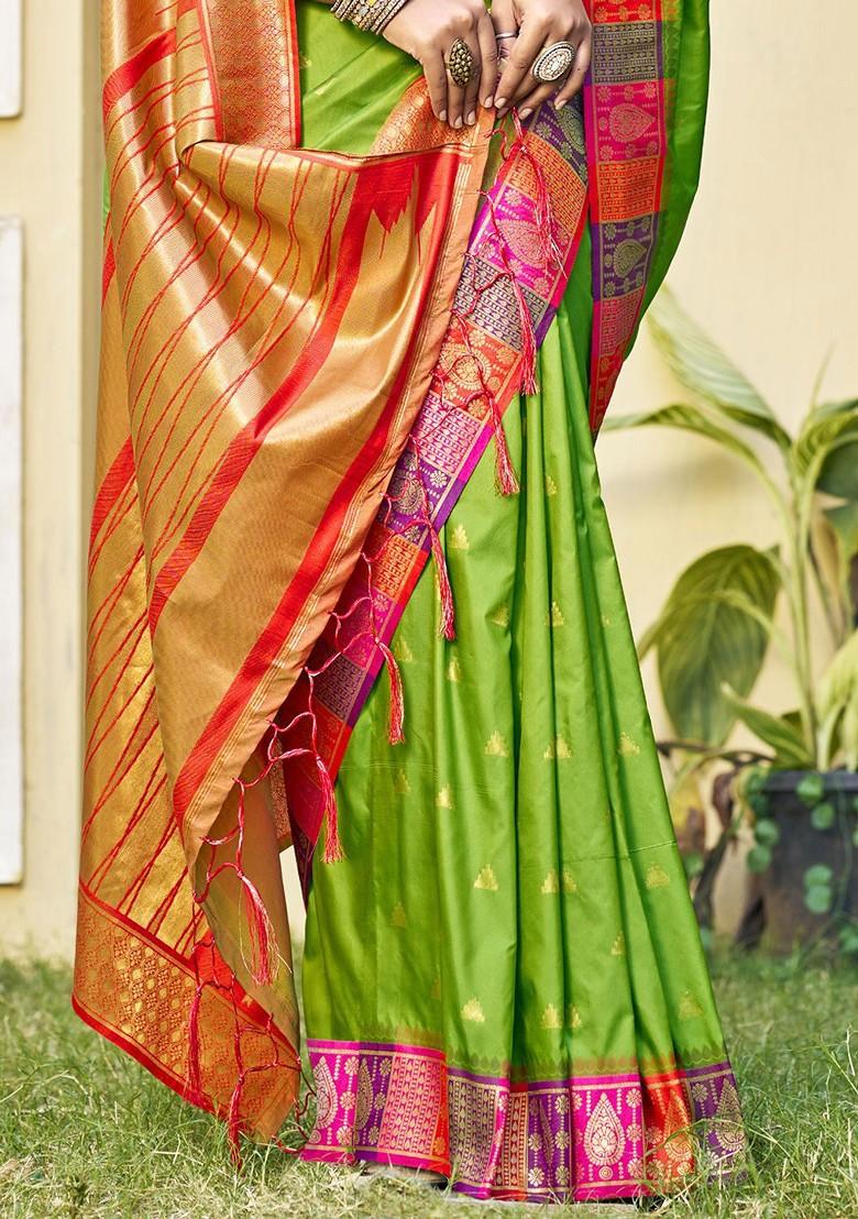 Sea Green Ethnic Motifs Woven Poly Blend Saree Set