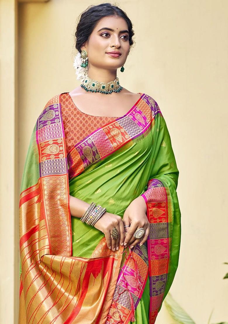 Sea Green Ethnic Motifs Woven Poly Blend Saree Set