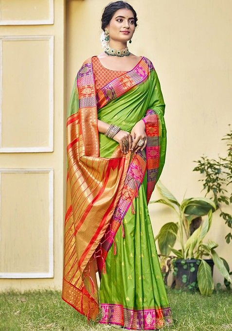 Sea Green Ethnic Motifs Woven Poly Blend Saree Set