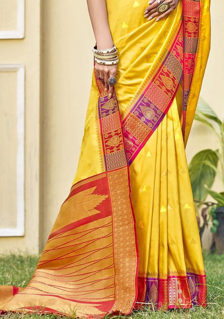 Yellow Printed Woven Poly Blend Saree Set