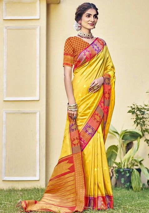 Yellow Printed Woven Poly Blend Saree Set