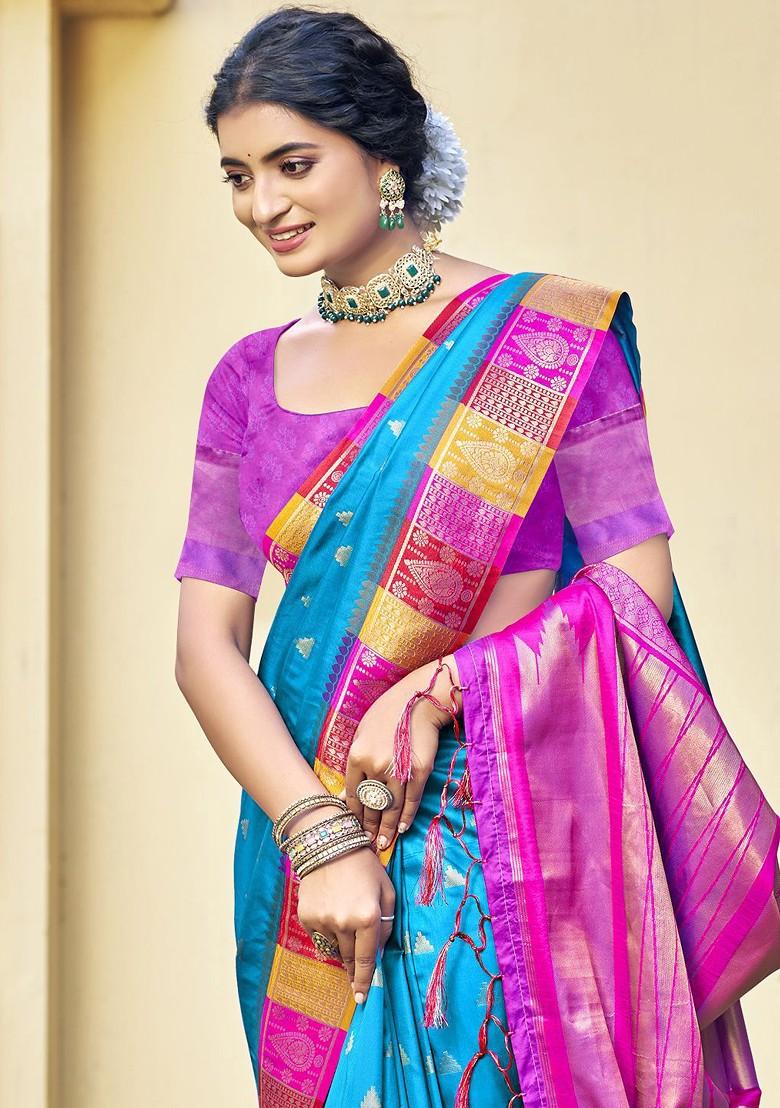 Turquoise Blue Ethnic Motifs Woven Poly Blend Saree Set