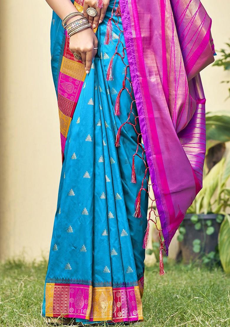 Turquoise Blue Ethnic Motifs Woven Poly Blend Saree Set