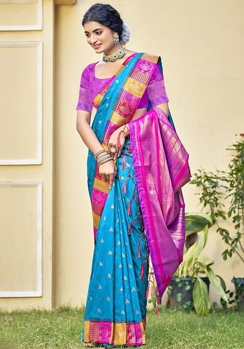 Turquoise Blue Ethnic Motifs Woven Poly Blend Saree Set