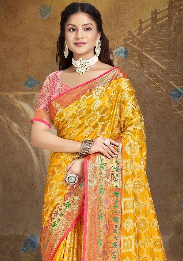 Yellow Printed Woven Poly Blend Saree Set