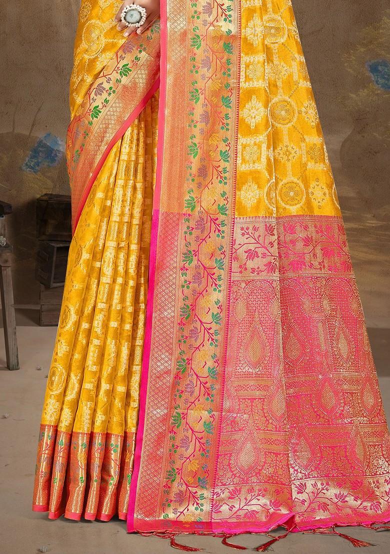 Yellow Printed Woven Poly Blend Saree Set
