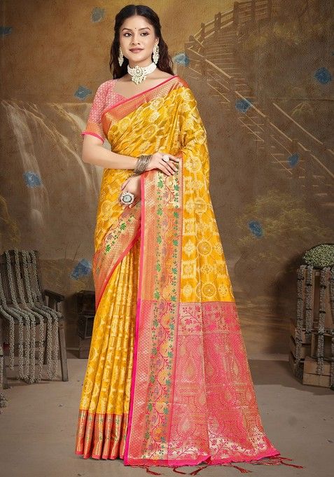 Yellow Printed Woven Poly Blend Saree Set