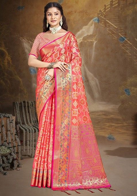 Pink Printed Woven Poly Blend Saree Set