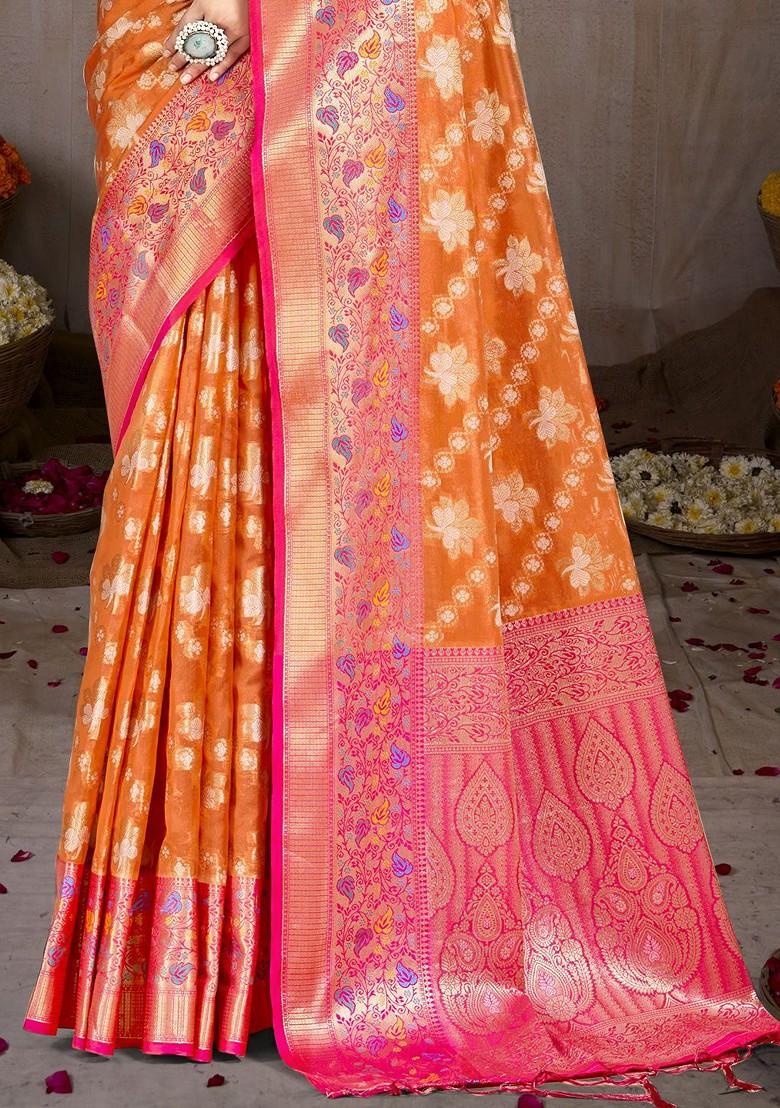 Orange Printed Woven Poly Blend Saree Set