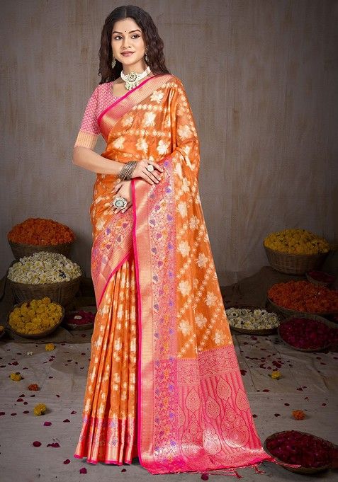 Orange Printed Woven Poly Blend Saree Set