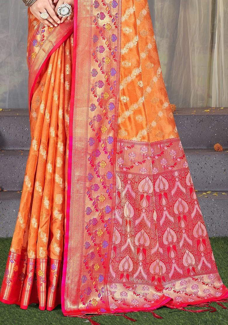 Orange Printed Woven Poly Blend Saree Set