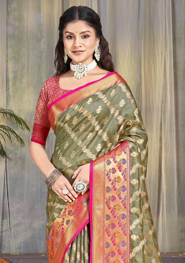 Grey Printed Woven Poly Blend Saree Set