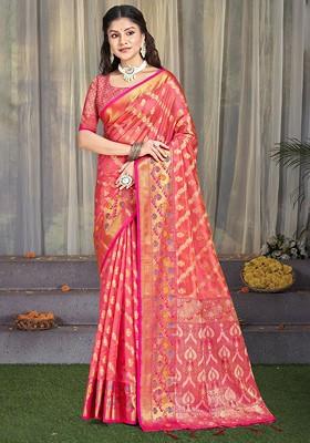 Pink Printed Woven Poly Blend Saree Set