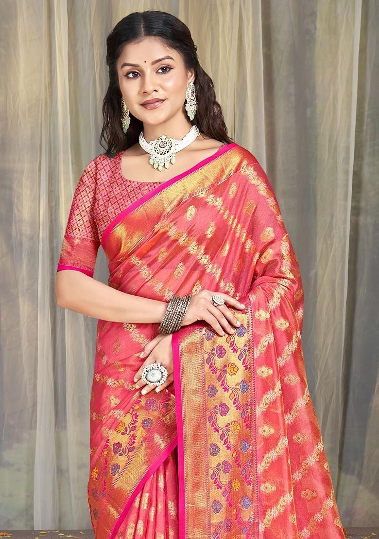 Pink Printed Woven Poly Blend Saree Set