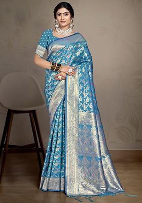 Turquoise Blue Printed Woven Poly Blend Saree Set