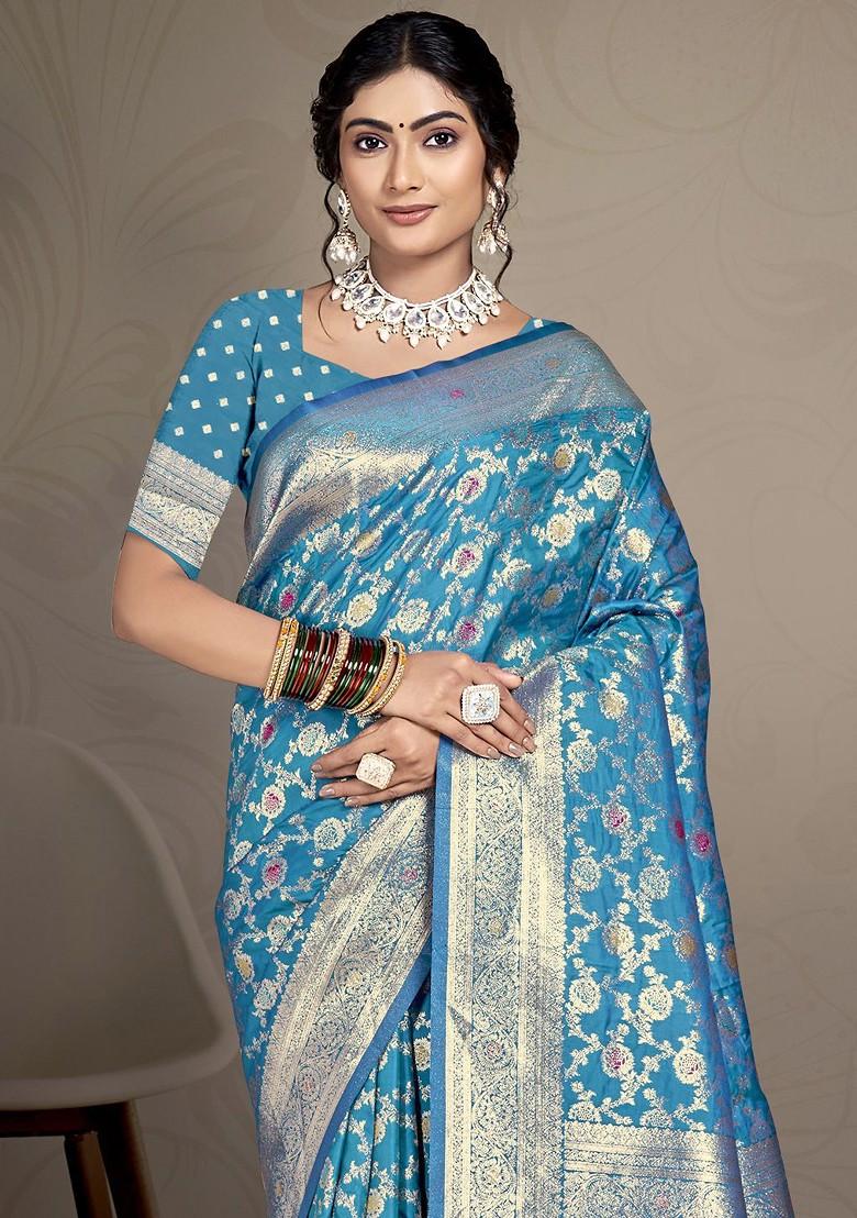 Turquoise Blue Printed Woven Poly Blend Saree Set