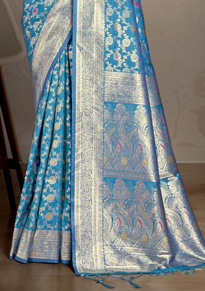Turquoise Blue Printed Woven Poly Blend Saree Set