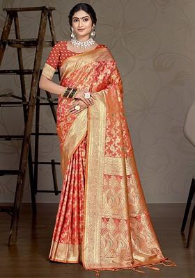 Orange Printed Woven Poly Blend Saree Set