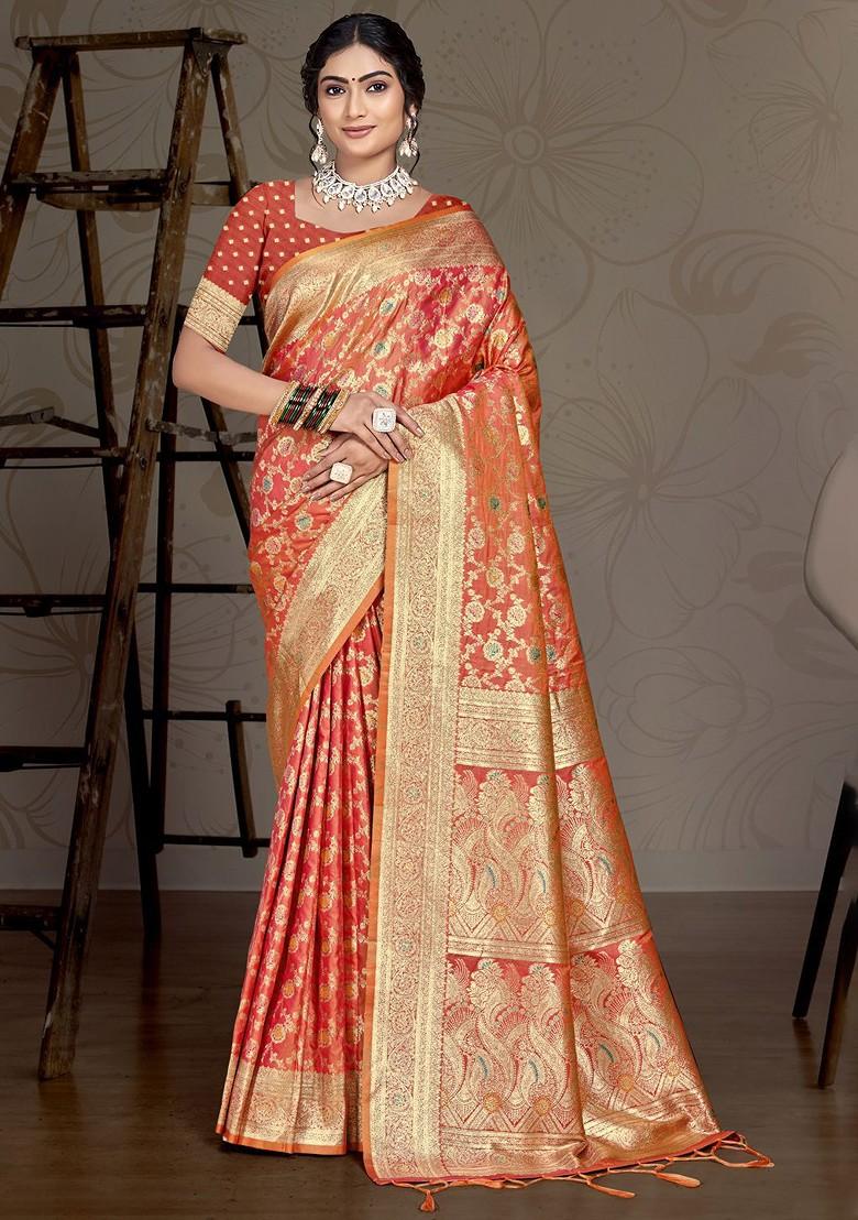Orange Printed Woven Poly Blend Saree Set