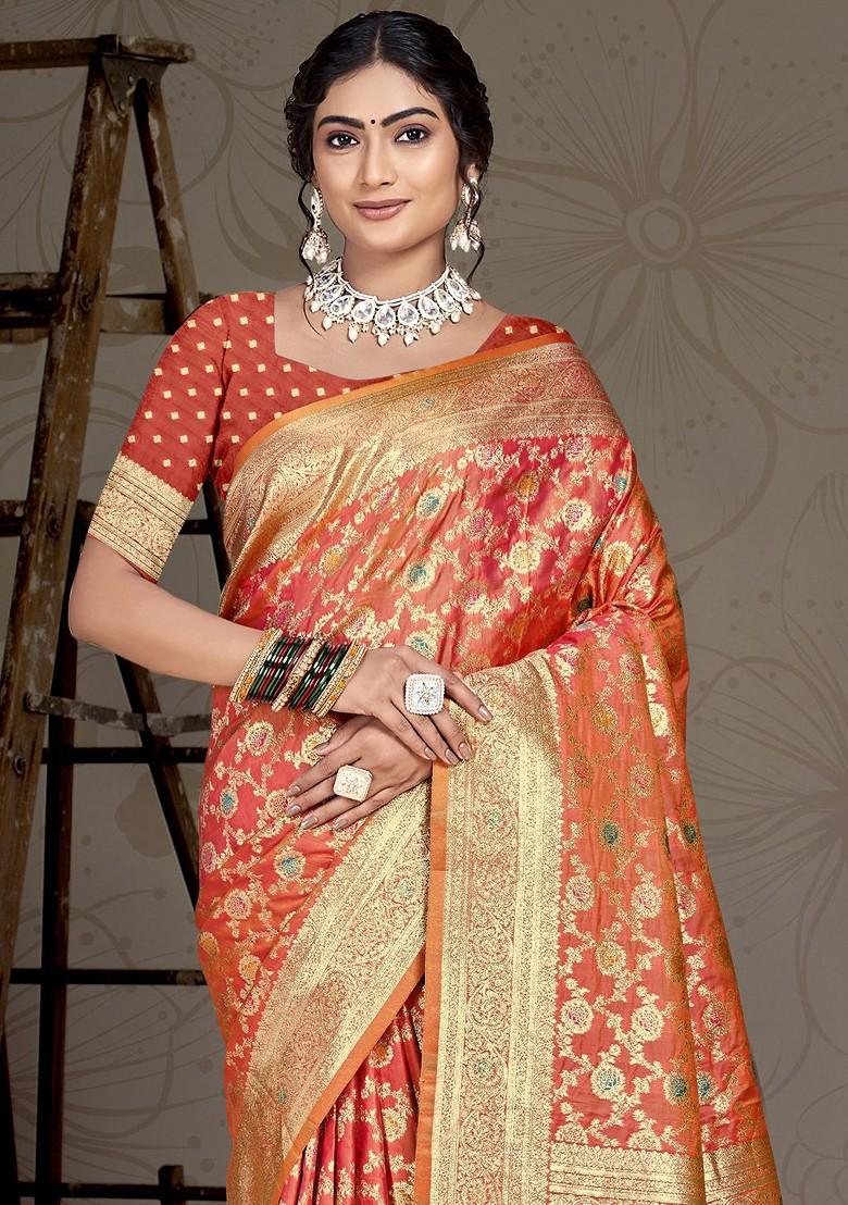 Orange Printed Woven Poly Blend Saree Set