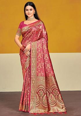 Pink Printed Woven Poly Blend Saree Set