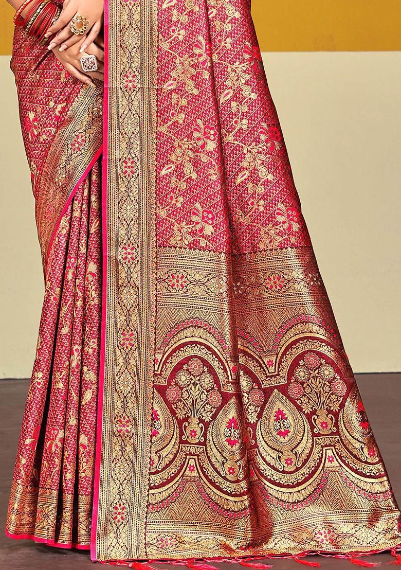 Pink Printed Woven Poly Blend Saree Set