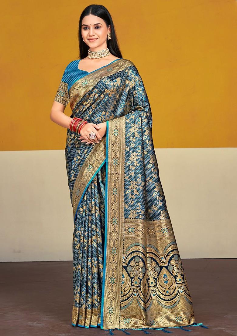 Blue Printed Woven Poly Blend Saree Set