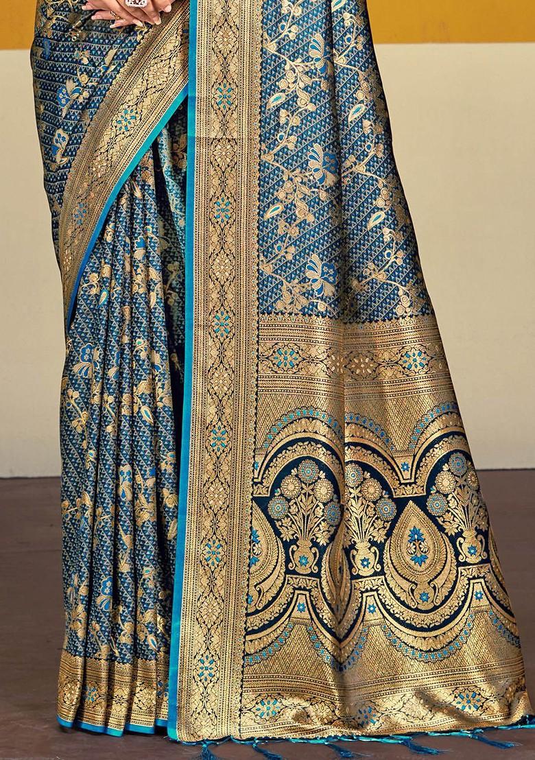 Blue Printed Woven Poly Blend Saree Set