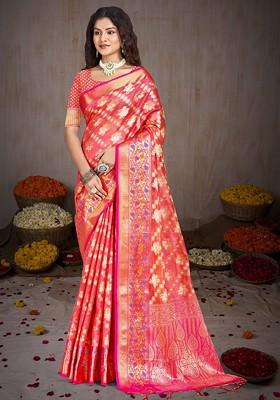 Pink Printed Woven Poly Blend Saree Set