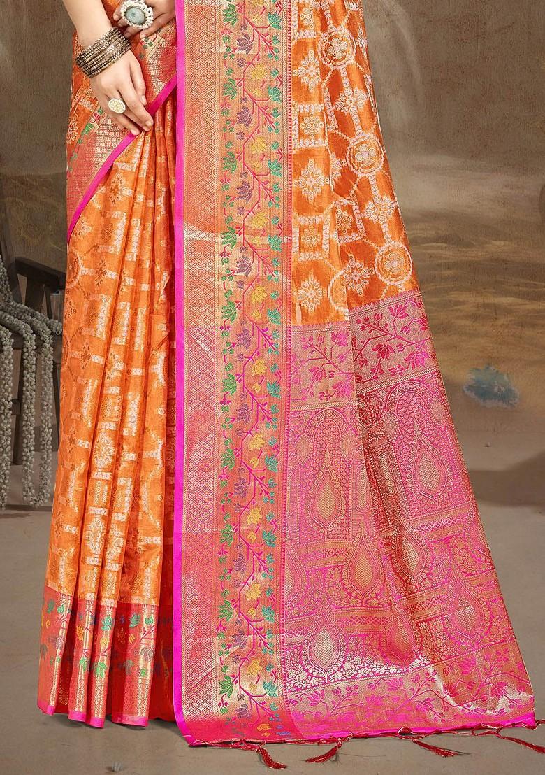 Orange Printed Woven Poly Blend Saree Set
