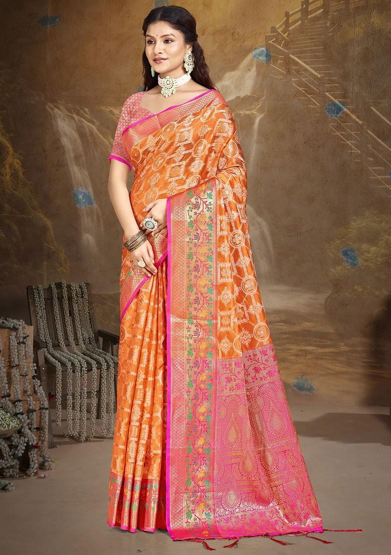 Orange Printed Woven Poly Blend Saree Set