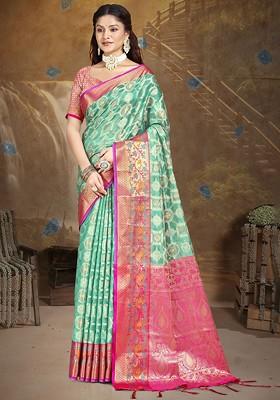 Turquoise Blue Printed Woven Poly Blend Saree Set