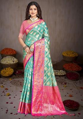 Turquoise Blue Printed Woven Poly Blend Saree Set
